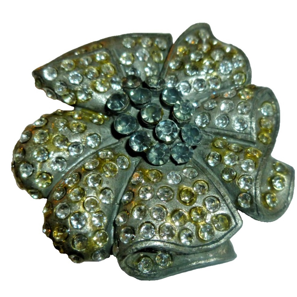 Vintage Silver Tone Rhinestone Flower Brooch Pin Smoky Grey Center 2 Inch